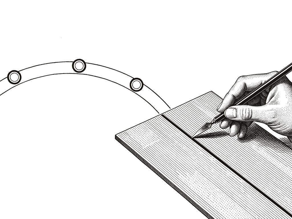 Engraved plate: a hand cuts a line into a printing plate with a burin; the line runs off the plate and becomes a curving path marked by three small waypoints.