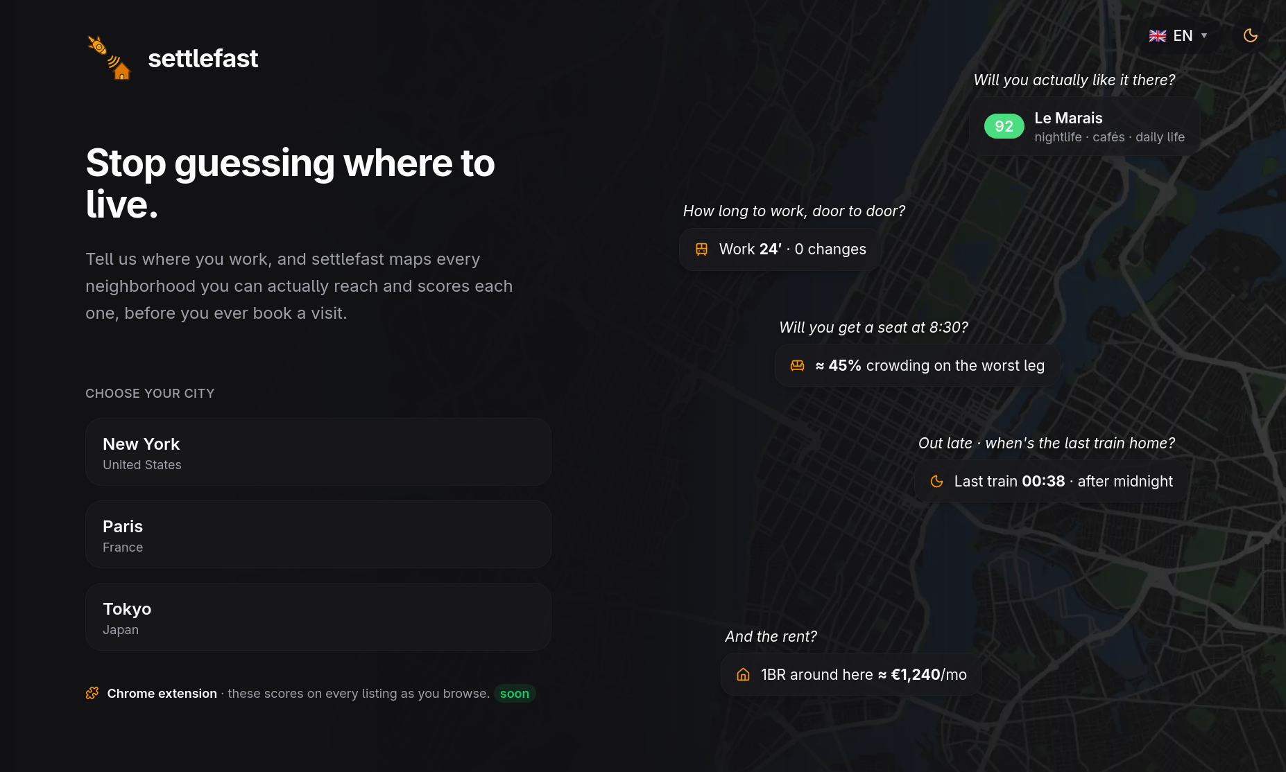 Settlefast's landing page: the headline reads “Stop guessing where to live.”, with New York, Paris and Tokyo offered as cities, while cards float over a dark city map answering “How long to work, door to door?”, “Will you get a seat at 8:30?”, the last train home and the local rent.