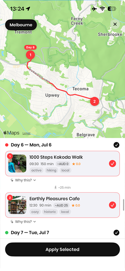 Day 6 of a Melbourne trip in Waylee: a red route through the Dandenongs from Tremont to Tecoma, with the 1000 Steps Kokoda Walk at 9:30 followed, twenty-five minutes on foot later, by Earthly Pleasures Cafe.