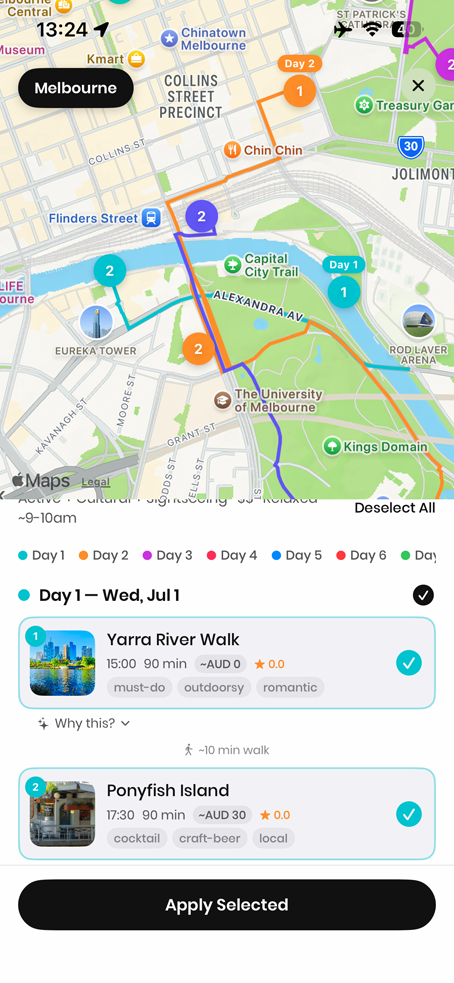 Waylee's map view for a trip to Melbourne: each day is traced across the city in its own colour, every stop numbered, and below it day one lists the Yarra River Walk at 3 pm and Ponyfish Island at 5:30 pm, with their duration and cost.