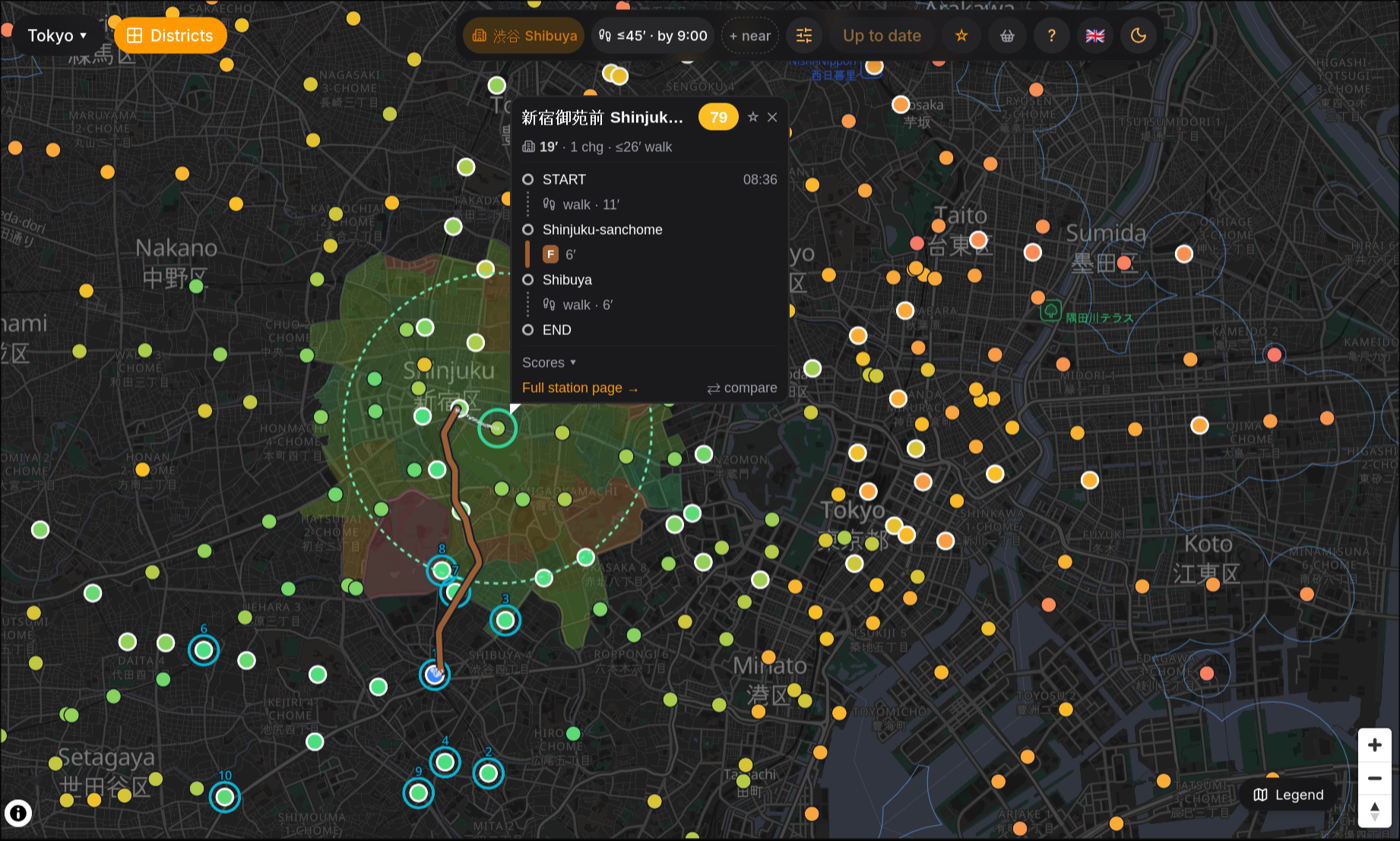 A route unfolded on Settlefast's scored map of Tokyo: the itinerary to Shinjuku-gyoemmae station — an 11-minute walk, six minutes on the F line, a six-minute walk — totals 19 minutes with one change, traced over hundreds of coloured station dots.