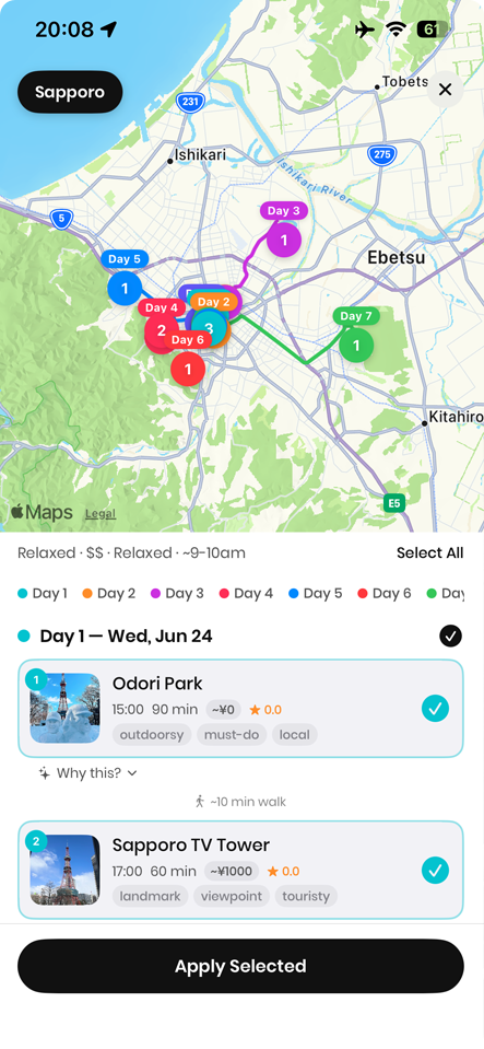 A relaxed week in Sapporo planned in Waylee: seven days pinned across the map towards Ebetsu, and day one lining up Odori Park at 3 pm then, a ten-minute walk away, the Sapporo TV Tower at 5 pm.