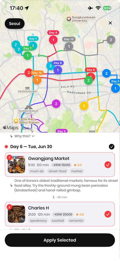 Waylee's two-week Seoul itinerary: coloured day routes woven across the city map, and below, day 6 opens with Gwangjang Market at 11:30 — one of Korea's oldest street-food alleys — then the Charles H speakeasy at 9 pm.