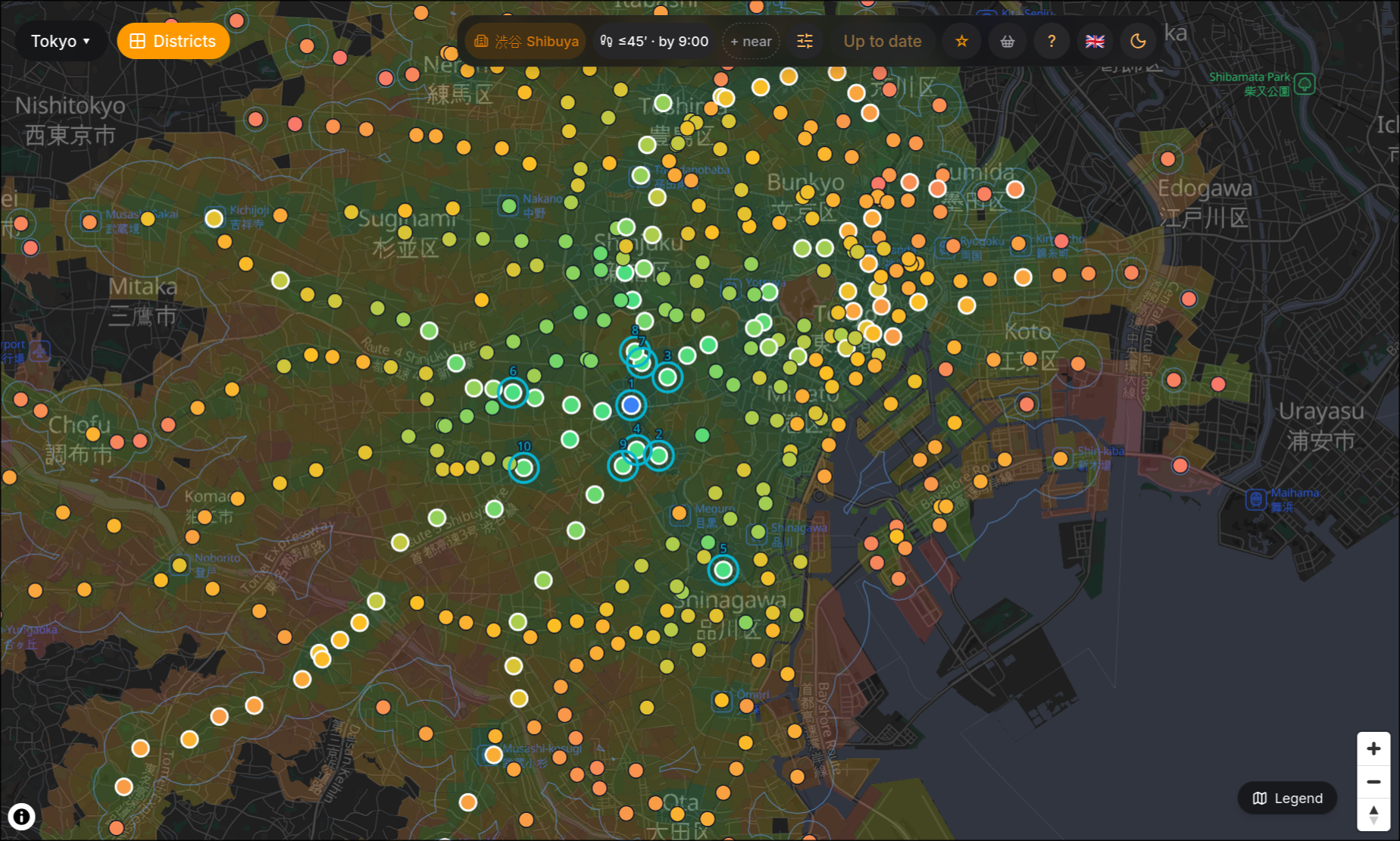 Settlefast's scored map of central Tokyo, searching from Shibuya: every station reachable in under 45 minutes arriving by 9 am carries a coloured dot, cyan for the best fits through orange to red, with district outlines shaded across the city.